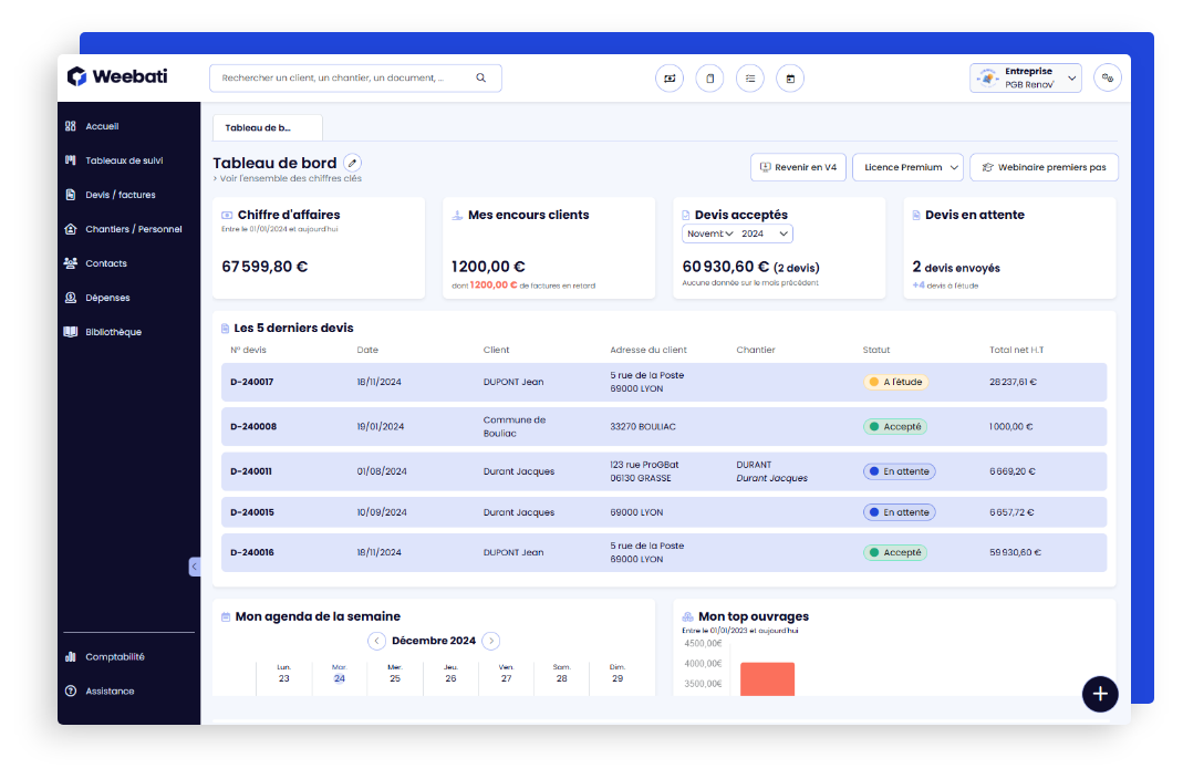Tableau de bord du logiciel comptable pour BTP weebati